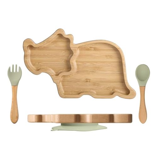 Bamboo Baby Plate Set with Suction - Dinosaur Divided Toddler Dishes with Matching Fork & Spoon | Natural Wood Stay-Put Feeding Set for Infants & Kids (Bean Green)