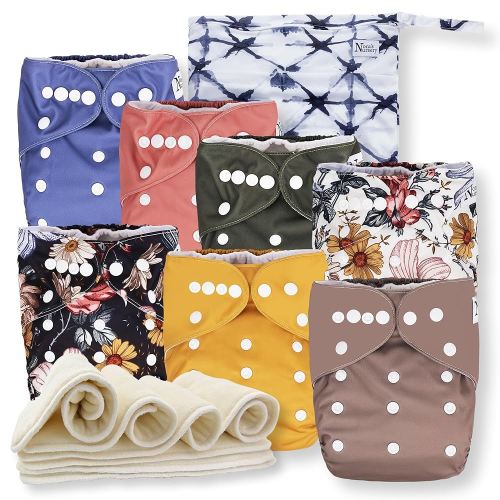 Nora's Nursery Cloth Diapers 7 Pack with 7 Inserts & 1 Wet Bag - Waterproof Cover, Washable, Reusable & One Size Adjustable Pocket Diapers for Newborns and Toddlers - Harlow