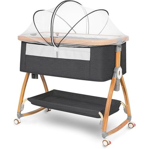 Baby Bassinet, Bedside Bassinet for Baby, 6 Height Adjustable Baby Bed, 3 in 1 Bassinet Bedside Sleeper with Wheels, Mosquito Net, Portable Bedside Crib for Infant/Baby/Newborn (Deep Grey)