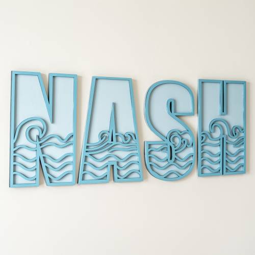 Personalized Waves Name Sign | Custom Nursery Decor | Surfing Themed Cut-Out Name Sign | Layered Wooden Name Sign for Kids Room
