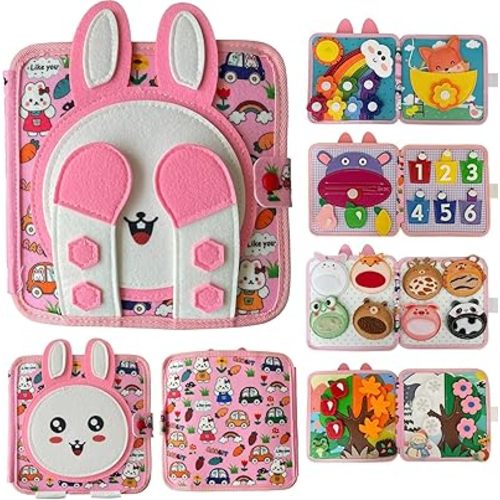 Cobelae Busy Book for Toddlers 1-3, Felt Quiet Activity Books for Toddler 1 Year Old, Preschool Learning Develop Fine Motor Skills Montessori Toys Airplane Travel Toys Boys Girls Gifts (Bunny)