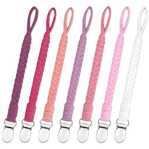 duludulu 7 Pcs Pacifier Clip, Pacifier Clips for Boys & Baby Girls Pacifier Holder Clip Binky Clips Braided 100% Handmade Fits All Pacifiers(Pink, 7 Pack)