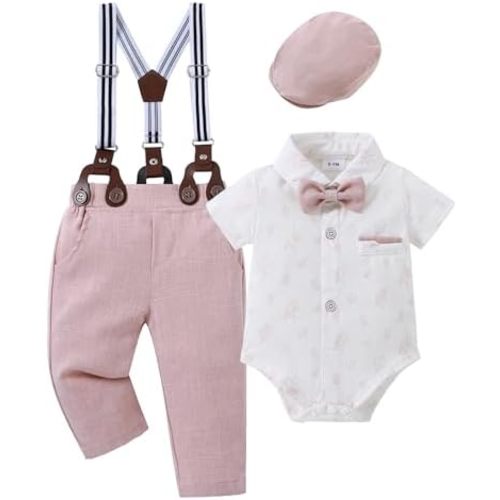 CARETOO Baby Boy Clothes Suit Infant Gentleman Boy Outfits Dress Shirt/Bowtie/Suspender Pants Set 0-18 Months