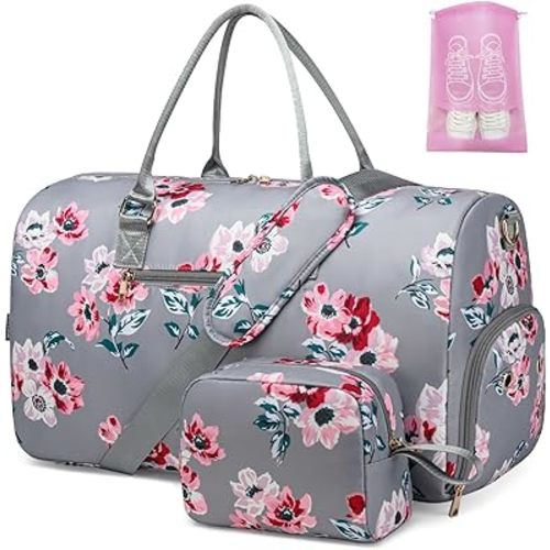 Duffle Bag for Travel, Weekender Bag with Shoe Compartment, Carry On Overnight Bag for Women with Toiletry Bag, Gym Bag with Wet Pocket, Hospital Bags for Labor and Delivery Beige