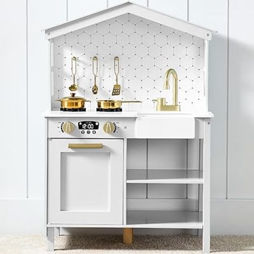 Best Choice Products Pretend Play Wooden Farmhouse Kitchen Set for Kids w/ Toy Storage, Clicking Knobs, Windows, 5 Accessories Included - Beveled White