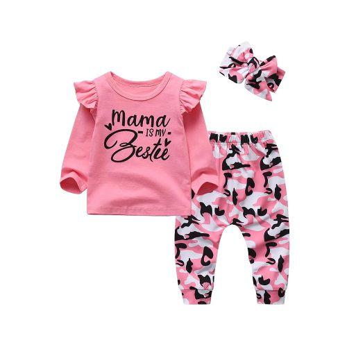 KuKitty 3Pcs Baby Girl Outfits Set Long Sleeve T-Shirt Tops Flowers Pants with Headband