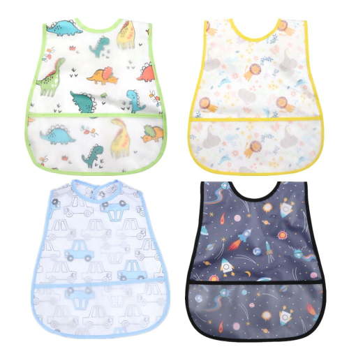 Three Mushroom Baby Bibs for Boys & Girls - 4 Pack, Waterproof, Adjustable, 6-36M