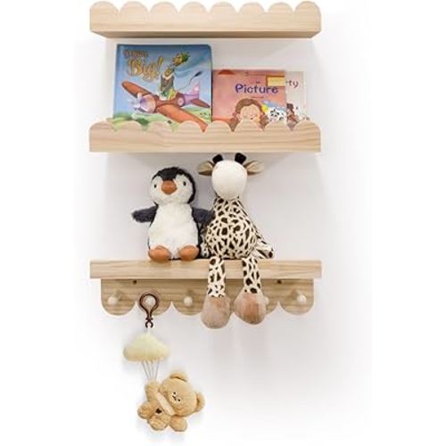 Nursery Shelves for Wall with Hooks-Scalloped Wall Book Shelves for Bedroom Kids Set of 3, Nursery Furniture Must Have, 16 Inch, Natural
