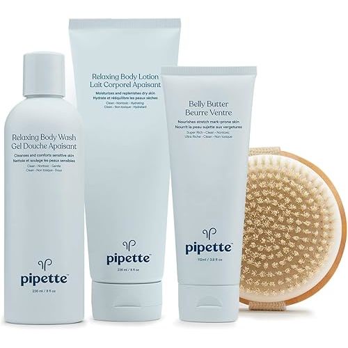Pipette To Mama Gift Set - 4-Piece Moisturizing Kit with Dry Brush, for Dry Skin, Coconut & Orange Scented
