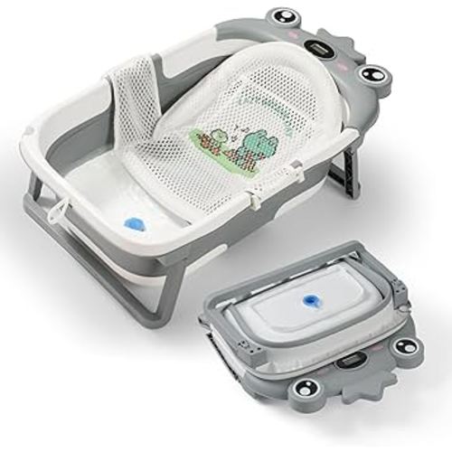 Baby Bathtub,Collapsible Baby Bath Tub with Soft Cushion & Thermometer, Space Saving Foldable & Travel Newborn Bathtub for Infant to Toddler 0-36 Months, Frog Gray