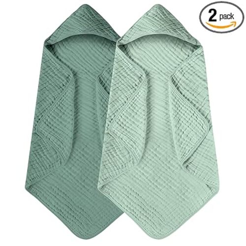 Yoofoss Hooded Baby Towels for Newborn 2 Pack 100% Muslin Organic Cotton Baby Bath Towel with Hood for Babies, Infant, Toddler and Kids, 32x32Inch, Soft and Absorbent Newborn Essential, Gradient Green
