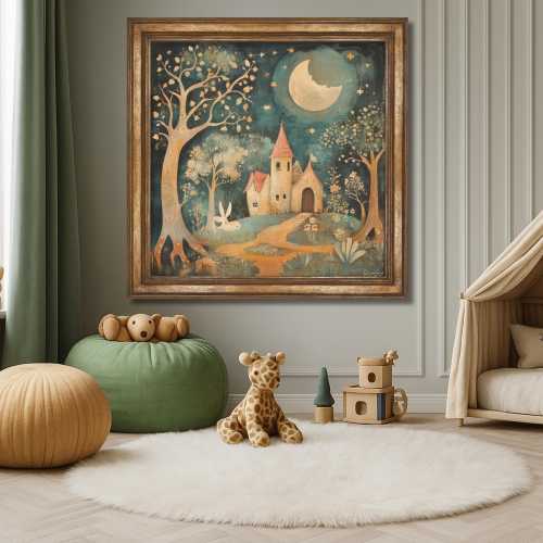 Whimsical Moonlit Castle Wall Art Print – Fairytale Night Scene with Bunny, Enchanted Forest Nursery Decor, Storybook Illustration
