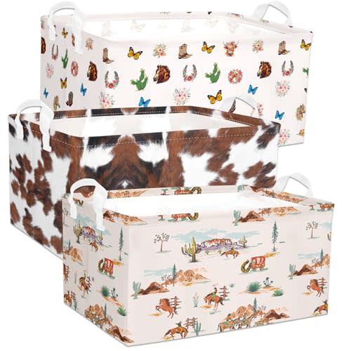 Western Rectangular Storage Basket, Highland Cow Cute Storage Bins Box with Handles, Cowskin Printed Shelf Basket Ideal for Kids Room Decor, Books, Organizing Clothes, Toys (Cute cow)