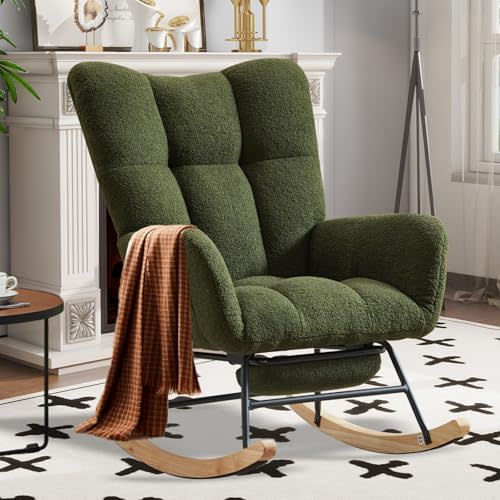 SENCHO GINSYTALIOR Rocking Chair Nursery with Foot Rest,Upholstered Glider Chair with High Backrest, Rocker Accent Armchair with Solid Wood Legs for Nursery Bedroom Living Room（Dark Green）
