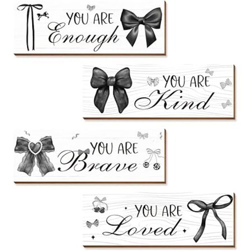 4 Pcs Black White Bow Wall Art Decor, Vintage Dark Coquete Room Decor for Teen Girls Neutral Preppy, Inspirational Positive Affirmations Wall Wooden Hanging Sign Bathroom