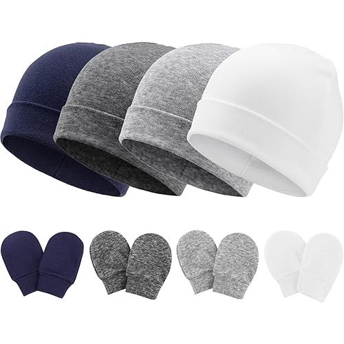 4 Pcs Newborn Baby Hats and Mittens Infant Cotton Beanie Gloves Set Newborn Hospital Hat for Baby Girls 0-6 Months