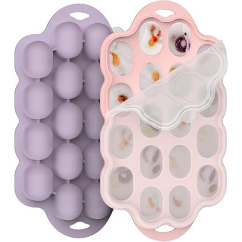 Silicone Baby Food Freezer Tray 2 Pack, Small Ice Cube Trays with Lid for Baby Fruit Food Feeder,Nibble Freezer Tray for Breastmilk Popsicle Mold and Baby Food Storage Container, BPA-Free