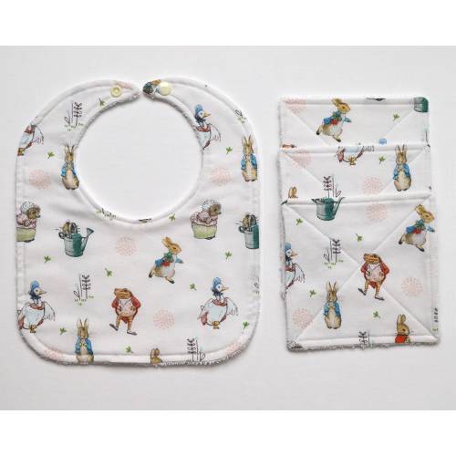 Peter Rabbit and Friends Baby Bib and Face Cloth Set, Beatrix Potter, Handmade, Washable, Cotton, Infant Bib, Baby Gift, Baby Shower Gift