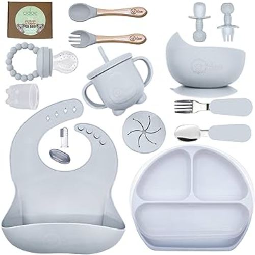 O'doe Juego de 17 piezas de silicona para bebés - Suministros de destete LED para bebés con placas de succión para niños pequeños, juego de platos y cuencos para bebés | Gris V2