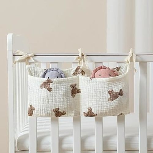 BATTILO PTY 100% Cotton Gauze Hanging Baby Diaper Organizer for Changing Table and Hold Toys, Diaper Stacker and Crib Organizer Caddy Baby Essentials 2 Pockets Nursery Organizer for Cribs(Bear)