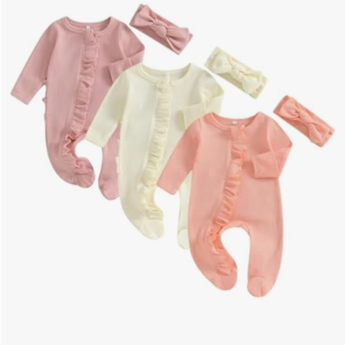 Merqwadd Baby Girl Zipper Pajama Footies 3 Pack Ruffle Sleeper Coming Home Infant Cotton Clothes