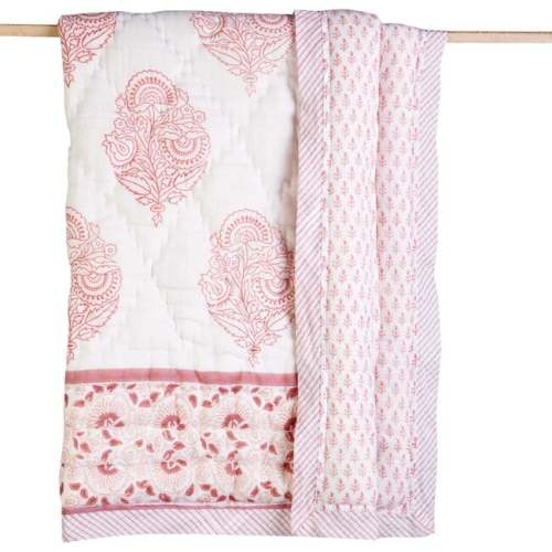 Block-Printed Cotton Crib Quilt, Pink City - Malabar Baby Blankets & Quilts | Maisonette