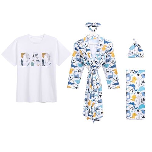 AWIBMK Mom and Me Robe and Swaddle Set and T-Shirt Hospital Labor Delivery Swaddling with Headband Hat for Mom Dad Baby