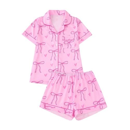 SHENHE Women's 2 Piece Pajama Set Bow Graphic Button Down Short Sleeve Lapel Shirt Pj Short Set