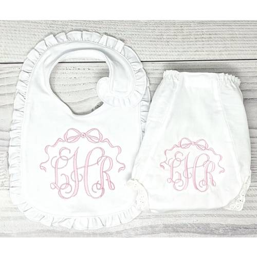 Baby Girl Bloomers and Bib monogrammed newborn gift set- Personalized baby girl gift- Diaper cover and Bib Personalized