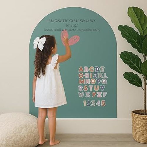 CAALMA Magnetic Wall Decal for Kids w/Alphabet & Number Magnets, Chalk, Cloth - Aesthetic Sage Green Magnetic Chalkboard Arch (40"x32")