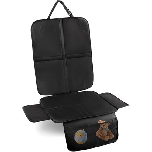 Car Seat Protector - 1 Pack Durable Fabric Waterproof Car Seat Cover with Thick Pad, Non-Slip Backing Mesh Pockets for Child, Baby, Pet and Vehicle Protection (Black, 1 Pack)