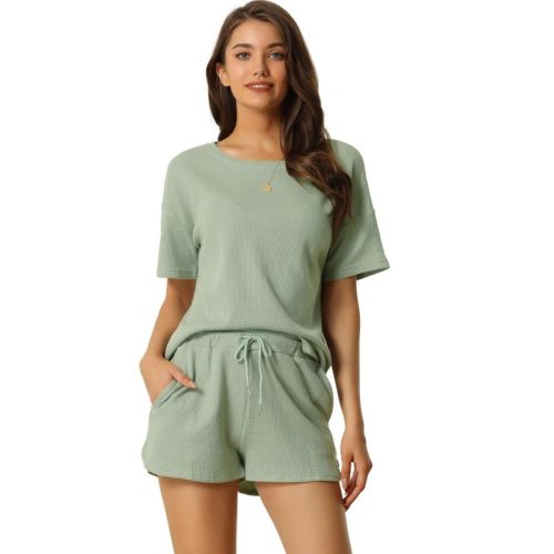 cheibear Women's Casual Pullover Short Sleeve Sleepshirt with Shorts Waffle Knit Lounge Pajama Sets Large Green