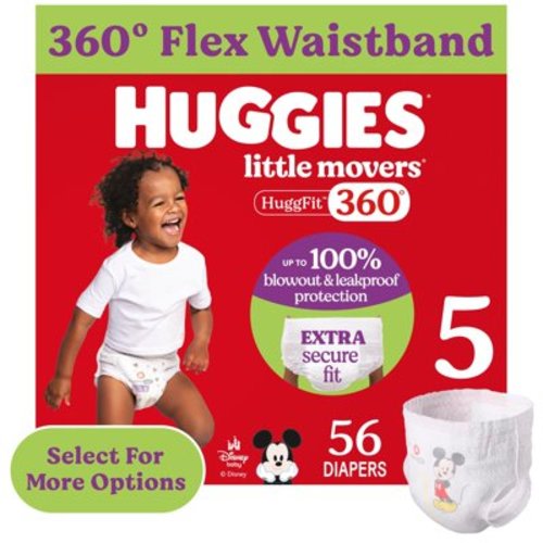 Huggies Little Movers HuggFit 360° Baby Diapers with 360° Waistband, Size 5 (27+ lbs), 56 Ct (Select for More)