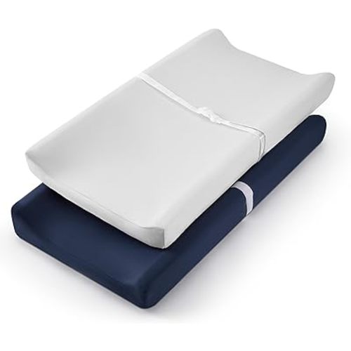 TILLYOU Changing Pad Cover Set in Soft Jersey Material - Fits 32"/34''x16 Contoured Pad for Babies, Navy Blue & Lt Gray
