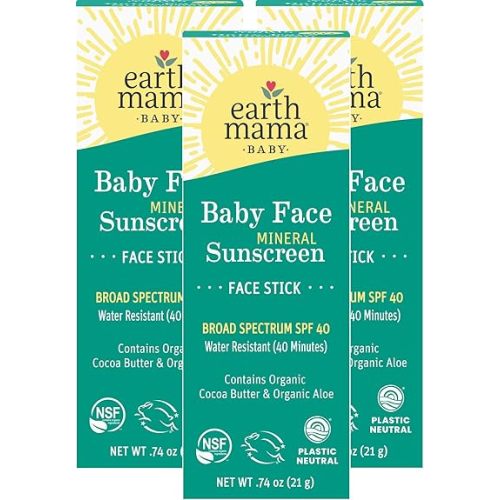 Earth Mama Baby Face Mineral Sunscreen Stick SPF 40 | Reef Safe, Non-Nano Zinc, Natural Water Resistant Sun Cream for Babies, Kids & Adults 0.74-Ounce, 3-Pack