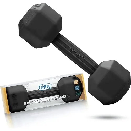 Baby Dumbbell Toy - Silicone Infant Rattle Teething Toy Teether Toddler Sensory Toy Durable Safe Exercises Workout Weight - Great Gift for Girls and Boys (1pcs - Black)