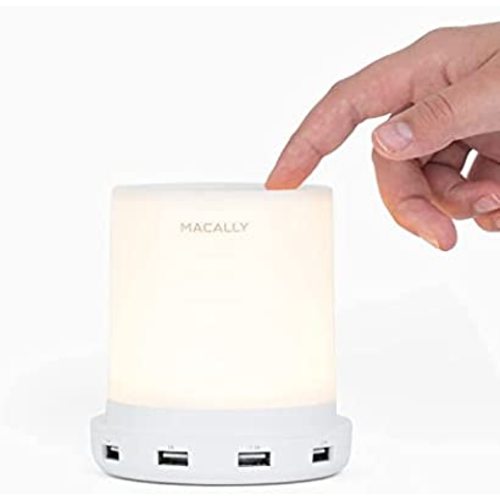 Macally Small Bedside Lamp with USB Port - Smart Touch Lamp with USB Charging Ports - Dimmable Warm White Light - Perfect as LED Bedroom Nightstand Lamp or Bedside Night Light USB Charger - White