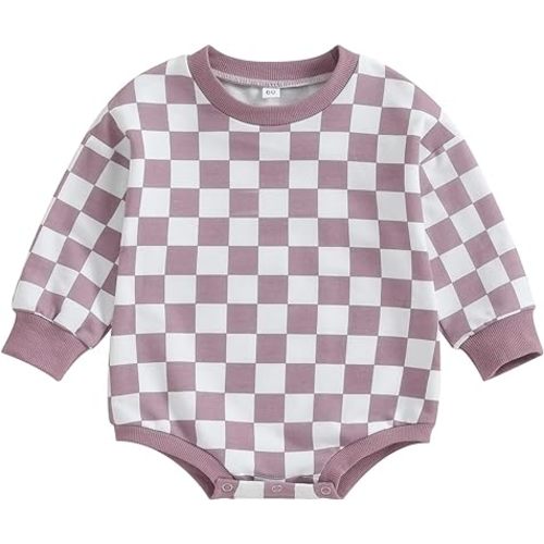 Karuedoo Baby Boy Girl Checkered Sweatshirt Romper Oversized Long Sleeve Bubble Romper Top Neutral Baby Fall Clothes