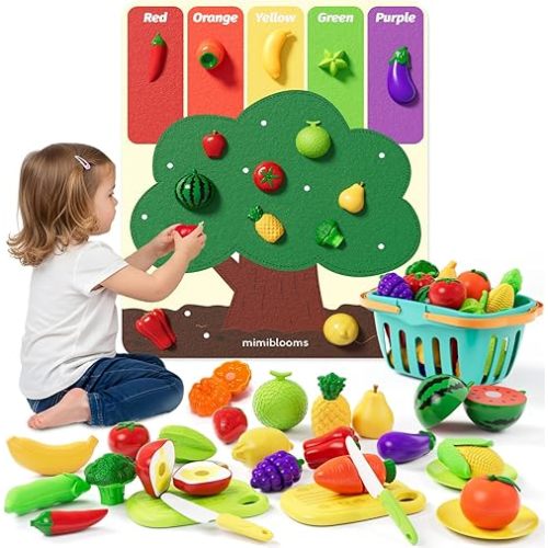Color Sorting Play Food Set with Cutting Fruits&Felt Tree Mat