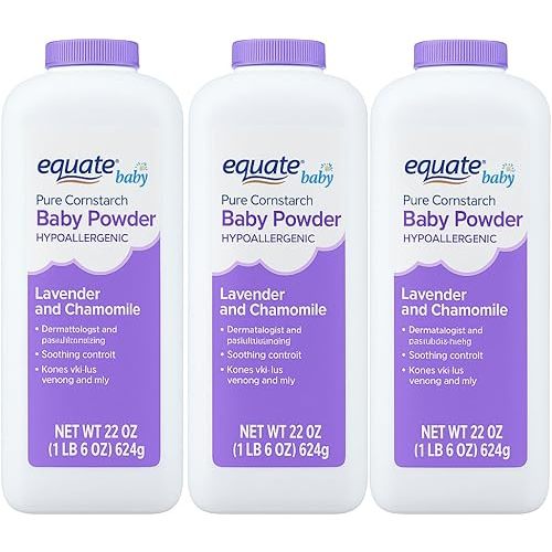 Equate Baby Pure Cornstarch Baby Powder – Hypoallergenic, Lavender & Chamomile – Talc-Free – 22 oz Each, Pack of 3 (Total 66 oz)