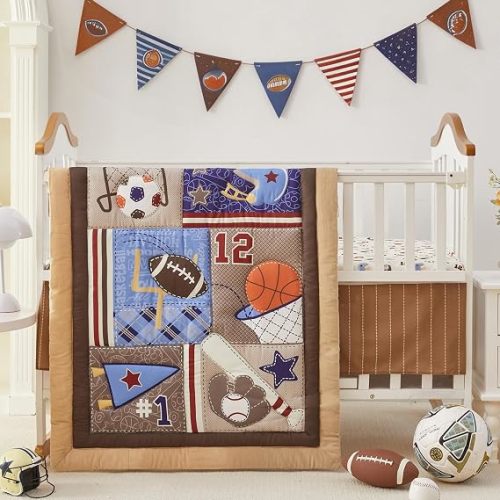 Sports Crib Bedding Set for Boys, Premium 3-Piece Baby Bedding Set Brown Football Basketball Rugby Crib Bed Set Baseball Soft with Crib Comforter, Sheet & Crib Skirt, Brown