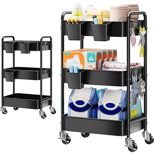 Baby Diaper Caddy Organizer and Storage, 3 Tier Rolling Cart with Wheels for Newborn Nursery Essentials, Baby Organizers for Changing Table, Crib, Bedroom, Movable Bedside Organizatio (Black)