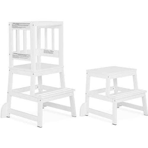 Dream On Me 2-in-1 Funtastic Tower and Step Stool, Easy to Assemble, Multi-Purpose Stool with Non-Toxic Paint Finish, Made of Solid Pinewood, White