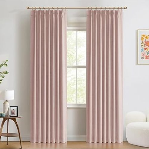 100% Blackout Shield Linen Look Textured Pinch Pleated Curtains Blackout Drapes 84 Inch Long 2 Panels Set, Faux Linen Blackout Curtains for Bedroom & Living Room, 40" W x 84" L, Blush Pink