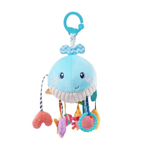 Jollybaby Plush Stuffed Activity Pull String Hanging Toys for Stroller Car Seat Crib or Gym, Montessori Sensory Carseat Toy for Baby 0-3-6-12-18 Months, Whale Toy for Infant Baby Boy Girl Gifts