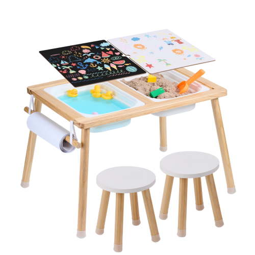 KFFKFF Children's Exploration Desk and Seating Collection, Includes Toddler's Interactive Desk with Pair of Seats, Dual Storage Containers & Paper Dispenser, Indoor/Outdoor Sand and Water Play Desk
