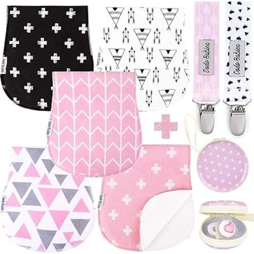 Dodo Babies 5-Pack Baby Burp Cloths - Soft, Absorbent Cotton Burp Cloths - Includes Pacifier Case and 2 Pacifier Clips - Colors: Pink, Grey and Black