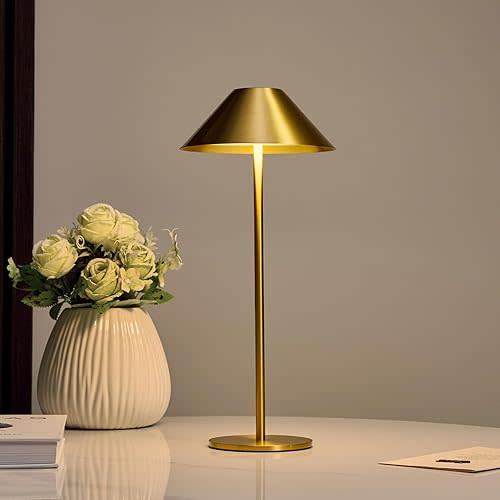 Bojim Gold Cordless Table Lamp, Rechargeable Touch Lamp with 3 Color Dimming, Wireless Battery Operated Lamp for Bedroom/Living Room