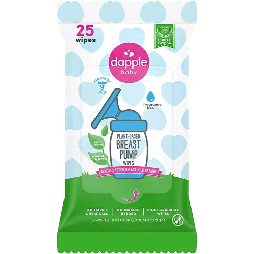 Breast Pump Wipes by Dapple Baby, 25 Count, Fragrance Free, Plant Based & Hypoallergenic Breast Pump Wipes - Removes Milk Residue, Leaves No Taste - Convenient Wipes Pouch