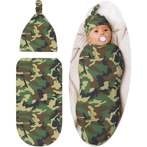 Camo Green Baby Stuff Swaddle Blanket Soft and Stretchy Newborn Swaddle Blankets Sack Receiving Blanket with Beanie Hat Gift for Girls and Boys Infant